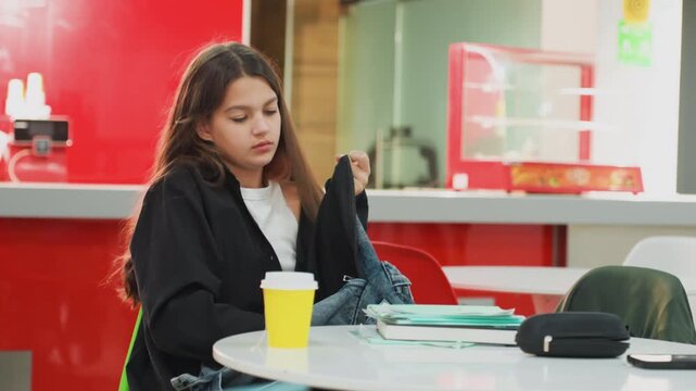 student organizing backpack at cafeteria table, sorting books and binder, pulling out pink pencil case, arranging notes beside takeaway coffee, pausing to cover mouth in embarrassed sigh, quiet midday