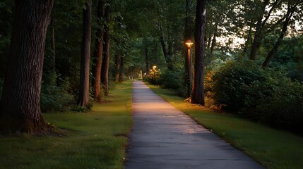 Fototapeta premium A tranquil forest path bathed in the warm glow of lampposts at dawn inviting a peaceful stroll