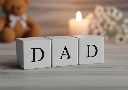 Heartfelt display honoring a father with wooden blocks and a candlelit setting
