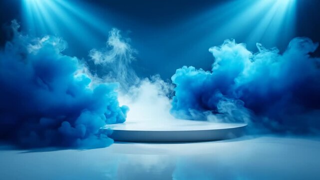 Seamless loop of an empty white stage dissolving from a bright, misty environment into a deep, underwater blue vapor atmosphere suitable for product presentation design, minimalist, technology