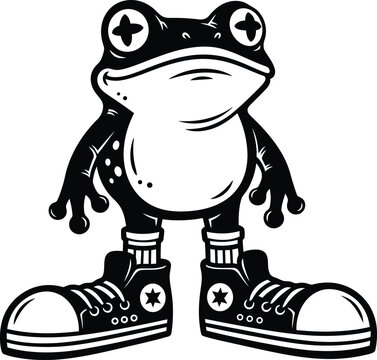 Cool cartoon frog character wearing large sneakers and striped socks. Vector illustration