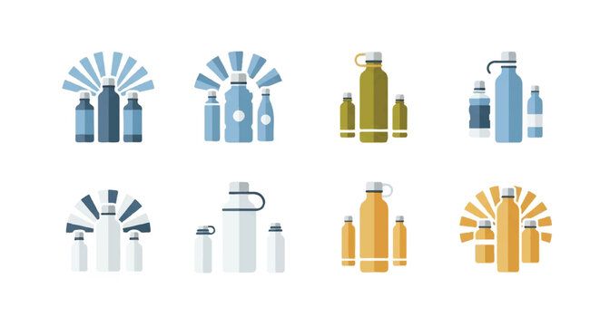 Reusable water bottles arranged neatly on a white surface, showcasing different colors and sizes in a minimalist, ecofriendly presentation.