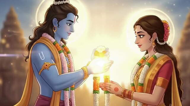 Animated Ram Navami visual of Lord Rama and Sita garland ceremony with glowing halos creating devotional Hindu festival motion graphic video footage