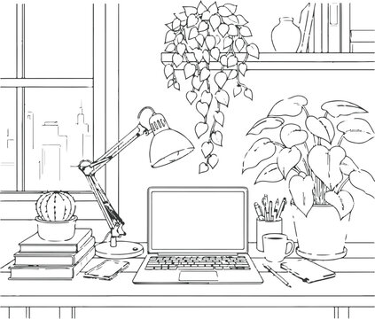 Cozy Home Office Desk with Laptop, Indoor Plants, and City View Window - Line Art Illustration