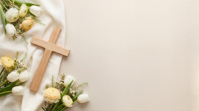 Easter background with wooden cross and white flowers copy space