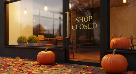 Obraz premium A shop's entrance, marked 'SHOP CLOSED', features bright pumpkins and autumn leaves, conveying a serene seasonal business break