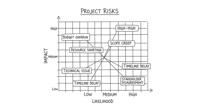 Project risks assessment matrix showing likelihood impact of potential problems on business goals