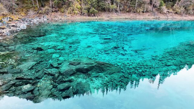 Scenery Jiuzhaigou national park in Sichuan, China. Beautiful Colorful Pond in Autumn season. Famous Landmark and Vacation near Chengdu, China. Asia travel concept