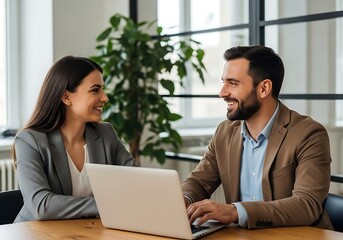 Obraz premium Colleagues Collaborating on a Project, Discussing Ideas and Smiling at Each Other in a Modern Office Setting