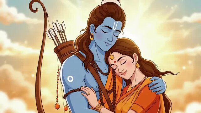 Animated Ram Navami scene showing Lord Rama and Sita in gentle embrace with glowing halo creating spiritual Hindu festival motion graphic video footage