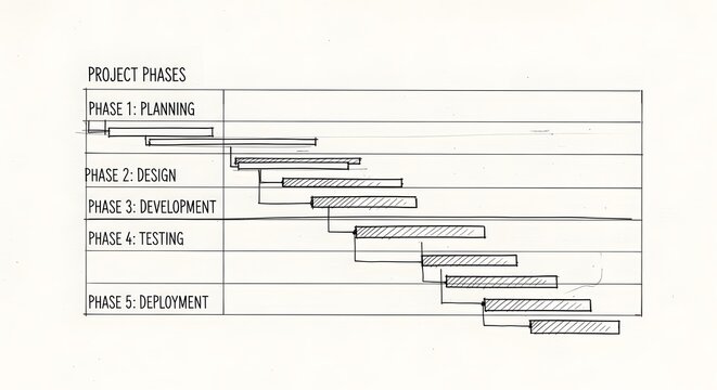 Waterfall methodology project phases diagram with horizontal bars for planning design development and testing