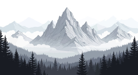 Obraz premium A majestic mountain range with snow-capped peaks shrouded in mist, viewed from a dense pine forest.