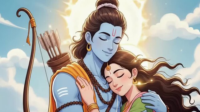 Animated Ram Navami devotional visual expressing flowing motion of Lord Rama and Sita with spiritual warmth faith and Indian cultural storytelling