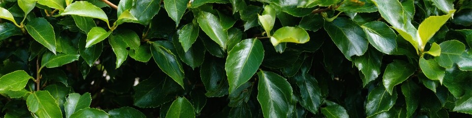 Obraz premium Lush Green Hedge Wall Texture showing Dense Evergreen Leaves in a Garden Setting for Environmental Branding and Organic Nature Themed Website Backgrounds
