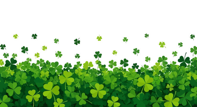 A vibrant green field filled with lush clover and shamrocks under a white background.