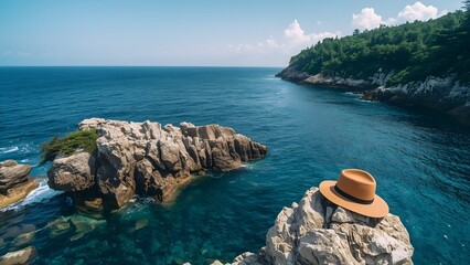 A panoramic ocean scene featuring rugged rocks surrounded by clear seawater, a hat placed on a high rock as a symbolic travel element, dramatic sky reflections, dense coastal trees along one side.