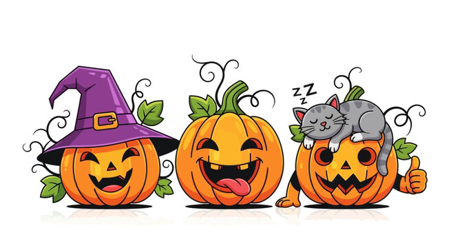 Three cartoon pumpkins with carved faces, one wearing a witch hat and another with a sleeping cat on top.