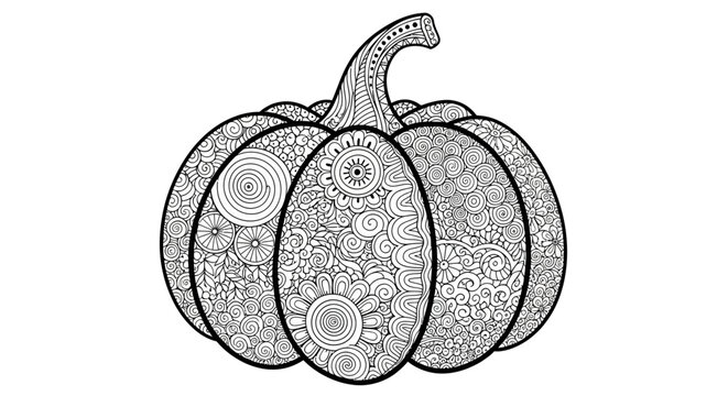 Intricate Zentangle-style pumpkin illustration with detailed patterns and designs.