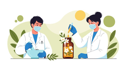 Two scientists in lab coats and masks are working with natural ingredients, one grinding herbs in a mortar and pestle, the other extracting oil from a bottle with flowers.