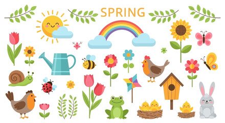 A vibrant collection of spring-themed illustrations featuring a cheerful sun, rainbow, flowers, animals, and gardening tools. © keira