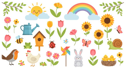 A vibrant collection of spring-themed illustrations featuring cute animals, blooming flowers, and sunny weather elements. © keira