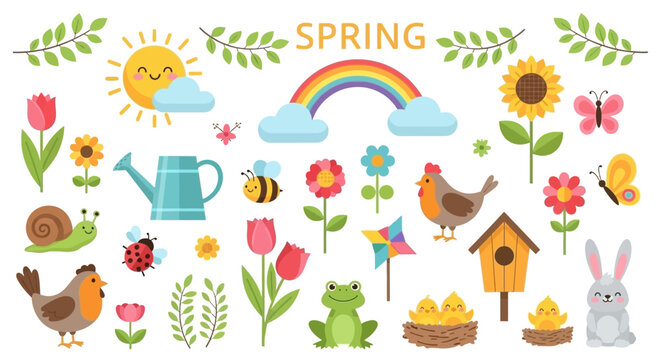 A vibrant collection of spring-themed illustrations featuring a cheerful sun, rainbow, flowers, animals, and gardening tools.