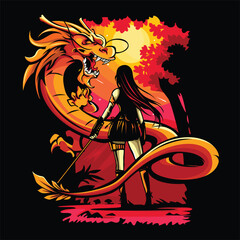 vector illustration of female swordsman facing a dragon