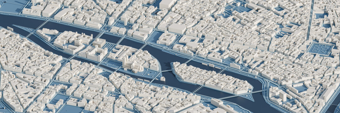 3D render map of Paris cityscape. 3D illustration of an aerial view of Paris, France.