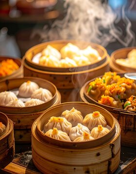 Close-up of traditional Cantonese dim sum with assorted dumplings, bao, and siu mai in bamboo steamers, steam rising, warm lighting, authentic Hong Kong teahouse style.