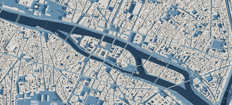 3D render map of Paris cityscape. 3D illustration of an aerial view of Paris, France.