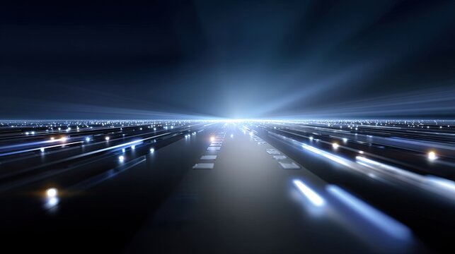 Dynamic Motion Blur of LED Lights in Dark Urban Environment with Rays of Light Converging Towards Horizon in Futuristic Cityscape Setting