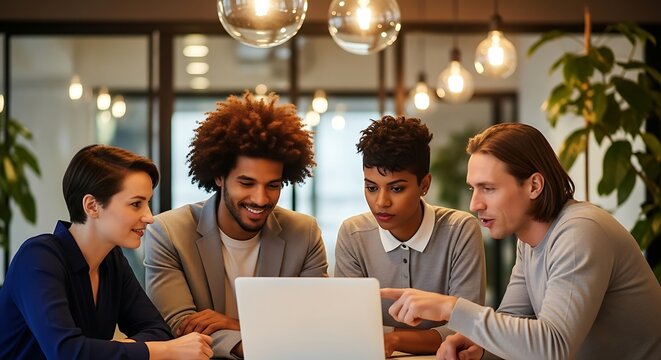 Diverse Team of Business Professionals Collaborating on a Laptop, Engaged in a Productive Discussion and Brainstorming Session in a Contemporary Office Environment