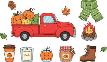 Cute autumn fall season element set with pumpkins, red truck, cozy accessories and decorations, adorable cartoon flat vector illustration for harvest and seasonal design