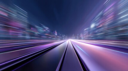 Fototapeta premium Futuristic city skyline with light trails and vibrant colors, representing speed and technology in a modern and abstract digital environment