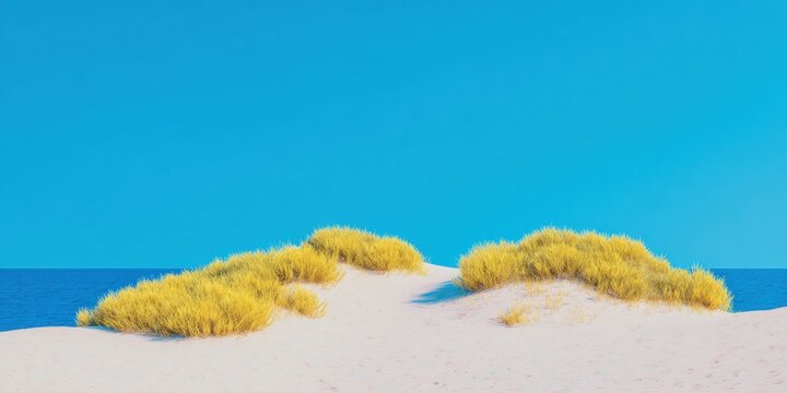 Minimalist beach landscape with sandy dunes and ocean water featuring a vast blue sky with copy space for summer travel web design and aesthetic background use