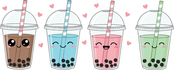 Cute bubble tea illustration set with smiling boba drinks in pastel flat vector cartoon style for cafe, dessert and kawaii design © Yevhenii creative