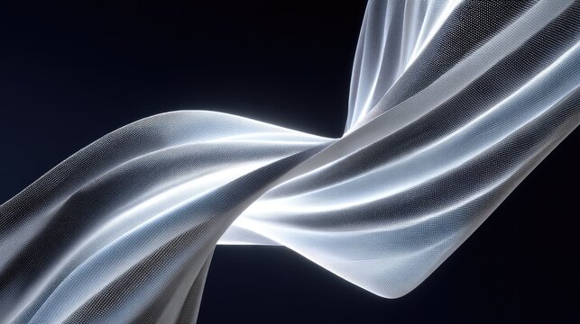Ethereal Flowing Light Fabric Creating Soft Curves and Twists Against a Deep Black Background for Abstract Art Designs or Creative Projects