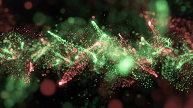 Seamless loop of animated glowing particles creating an abstract field of floating green and red fairy lights against a dark void festive, night, vibrant