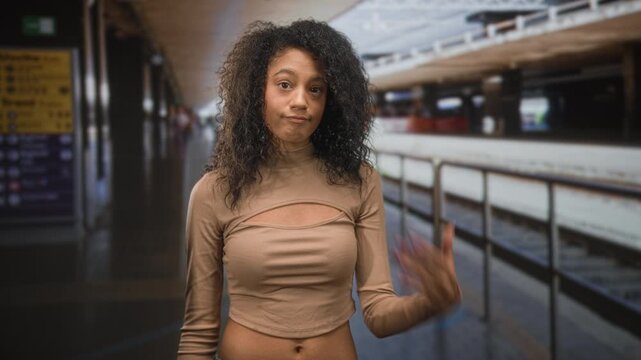 Teenage woman touching forehead then shrug gesture showing visible navel at train station platform; missed train frustration.