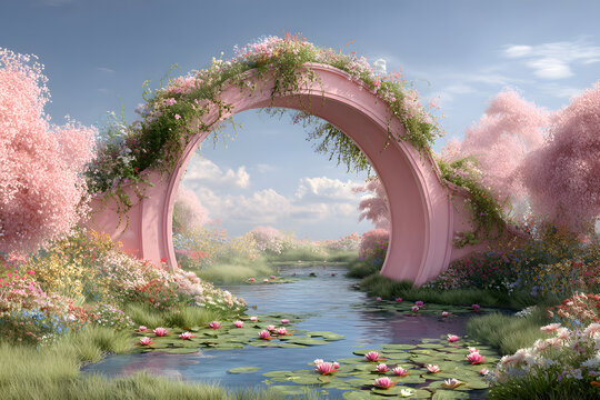 Ethereal Pink Archway in a Flowery Landscape