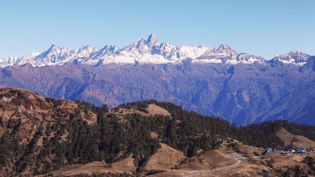 Aerial view from Kalinchowk in Nepal shows Himalayan peaks including Annapurna Manaslu Ganesh Himal Langtang Dorjee Lakpa Gauri Shanker and other mountains