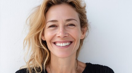 Naklejka premium Portrait of a joyful and confident Brazilian woman with blonde hair smiling outdoors.