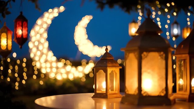 Glowing lanterns and crescent moon shape illuminated at night with festive lights surrounding the scene