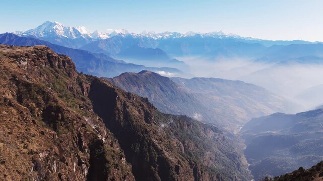 Aerial view from Kalinchowk in Nepal shows Himalayan peaks including Annapurna Manaslu Ganesh Himal Langtang Dorjee Lakpa Gauri Shanker and other mountains