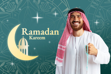 Naklejka premium Celebration of Ramadan with a man holding prayer beads in a festive setting