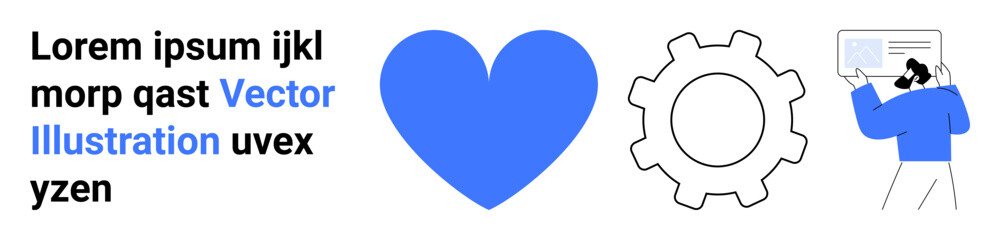 Design communication, teamwork, education, technology, process, systems. A blue heart, a gear icon and a person reading a document. Design communication and teamwork focused creative visuals