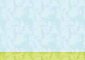 草原と青空のシンプルな春背景イラスト｜水彩風・横長・コピースペースあり