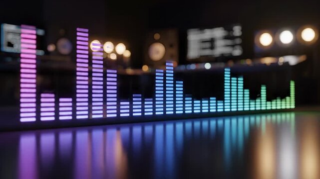 Seamless loop of animated vibrant equalizer bars pulsing rhythmically to deep bass frequencies in a dark studio environment concert, neon, design