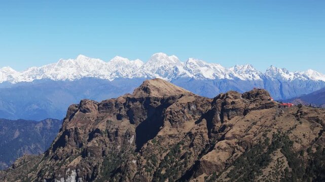 Aerial view from Kalinchowk in Nepal shows Himalayan peaks including Annapurna Manaslu Ganesh Himal Langtang Dorjee Lakpa Gauri Shanker and other mountains