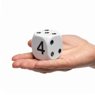 Close-up of human hand holding a large white die with a four displayed on it